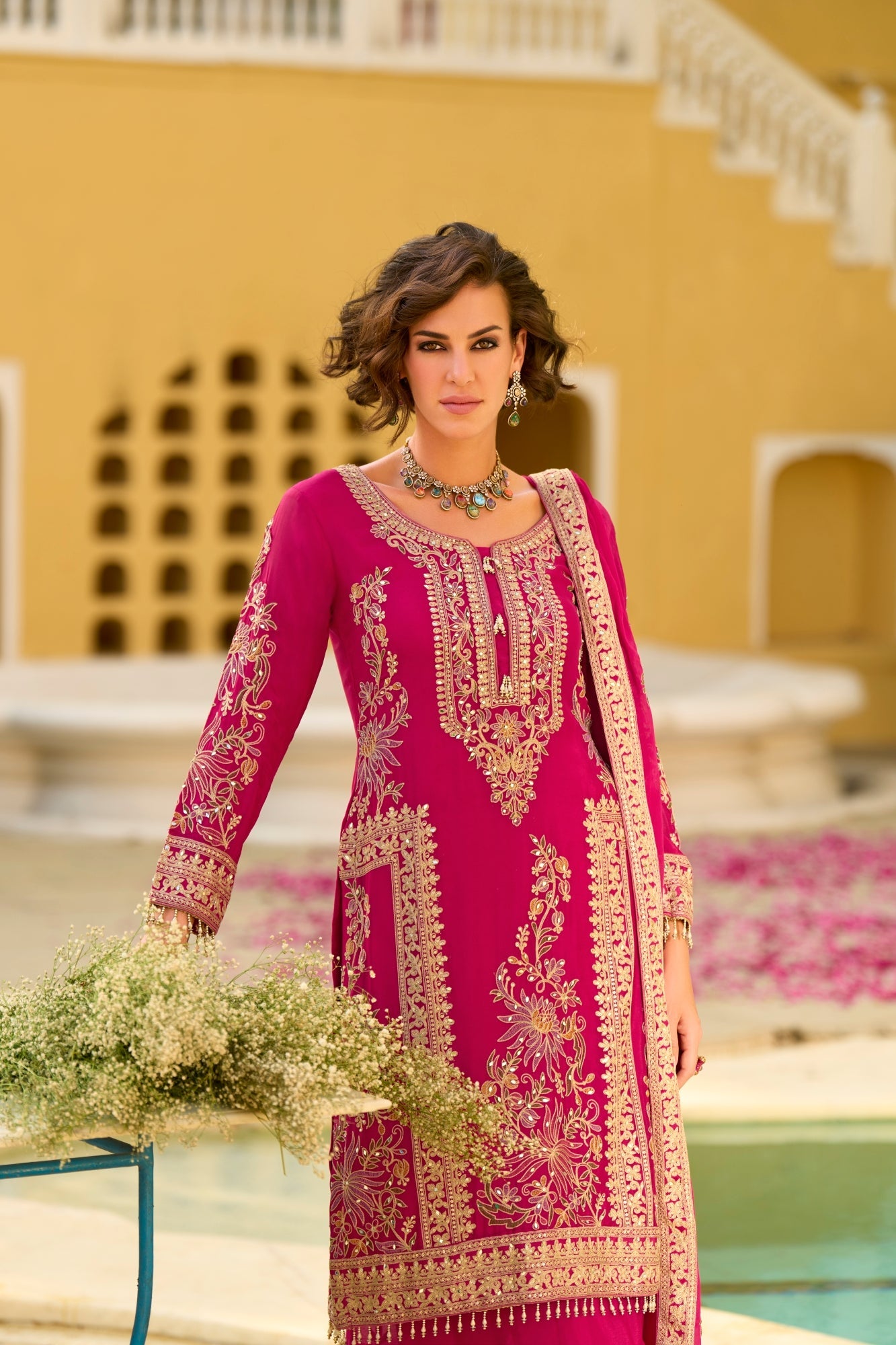 Pink Chiffon Embroidered Straight Kurta Sharara Set with Dupatta - Pac