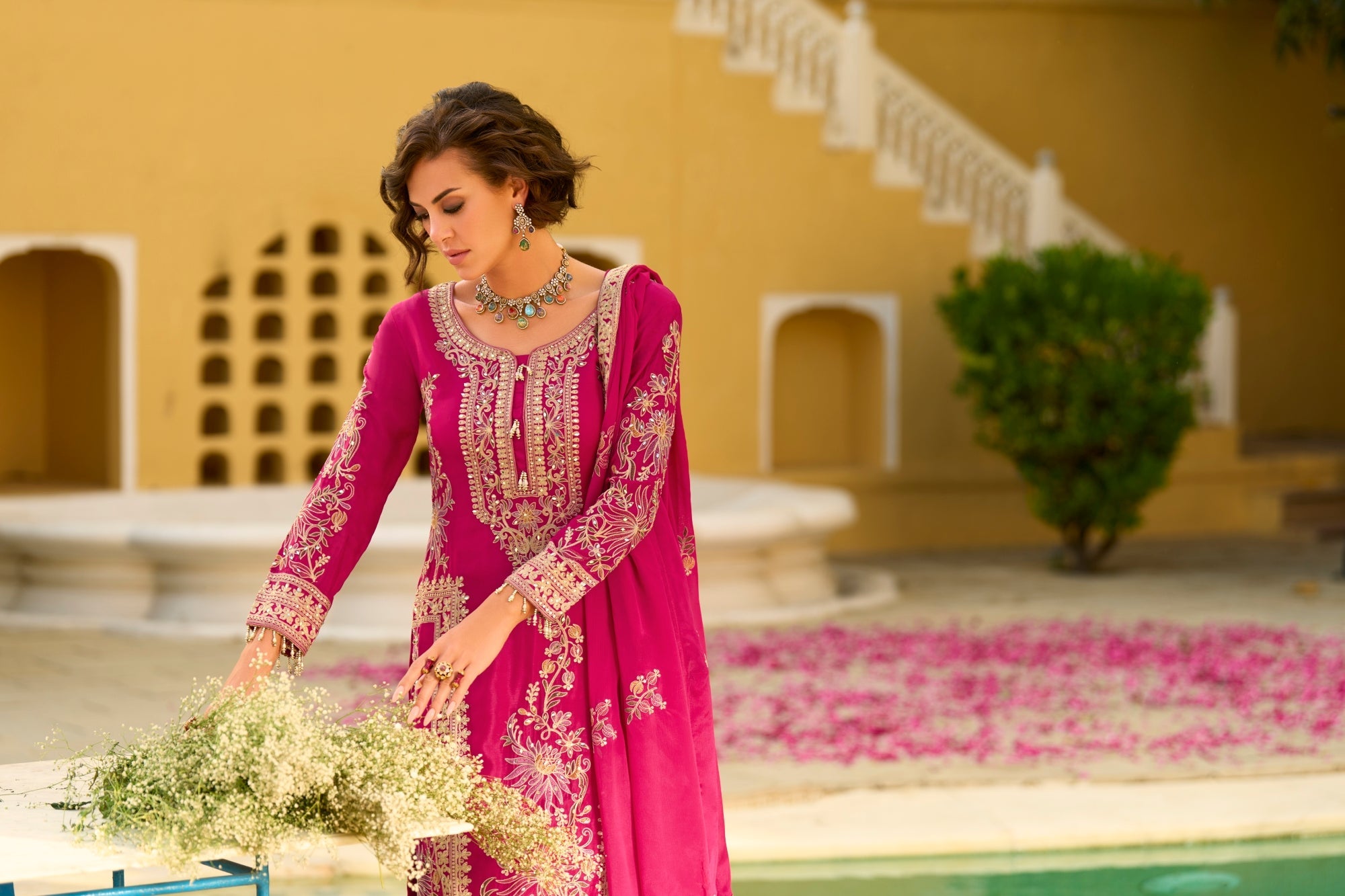 Pink Chiffon Embroidered Straight Kurta Sharara Set with Dupatta - Pac