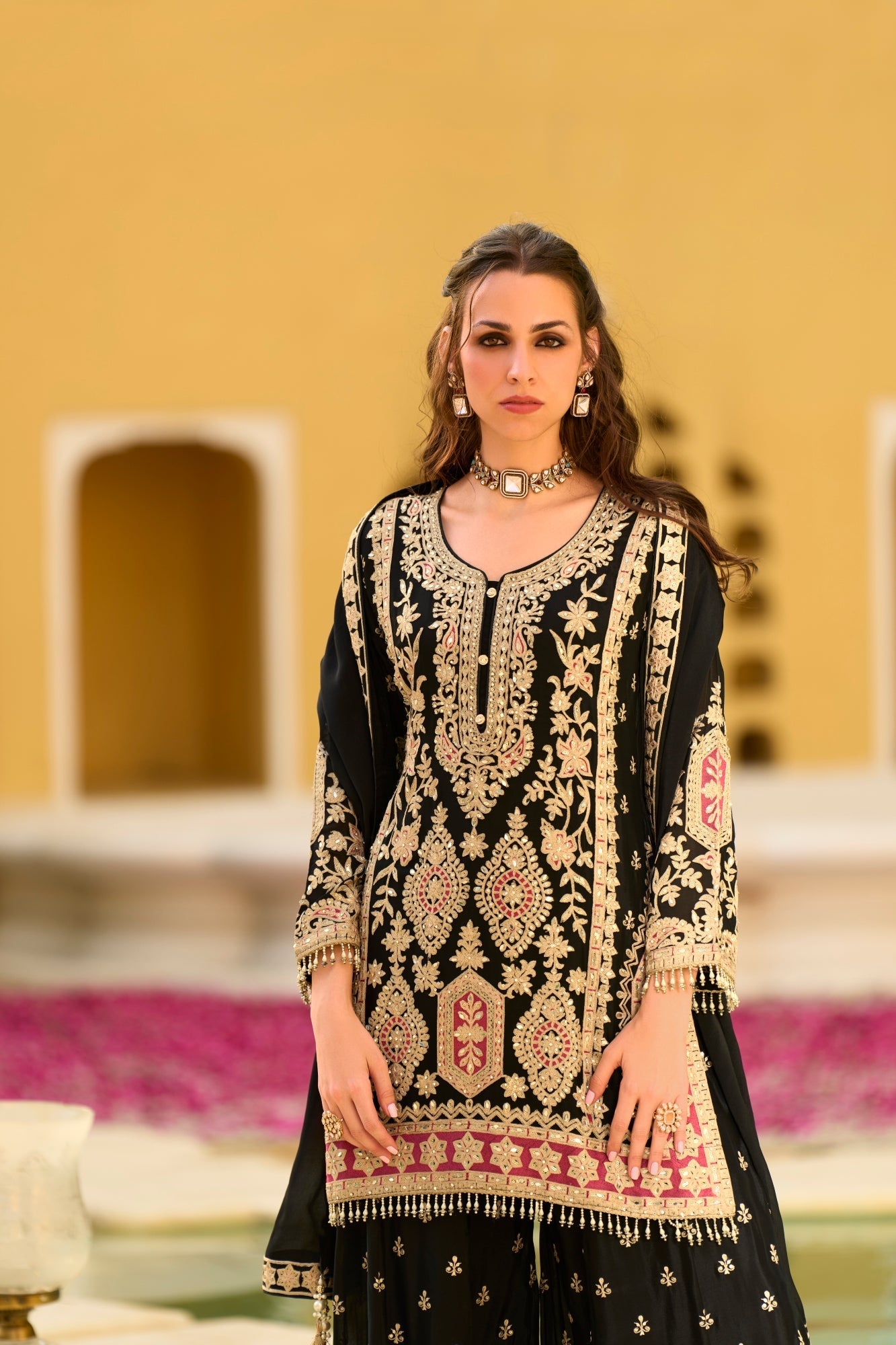 Pink Chiffon Embroidered Straight Kurta Sharara Set with Dupatta - Pac