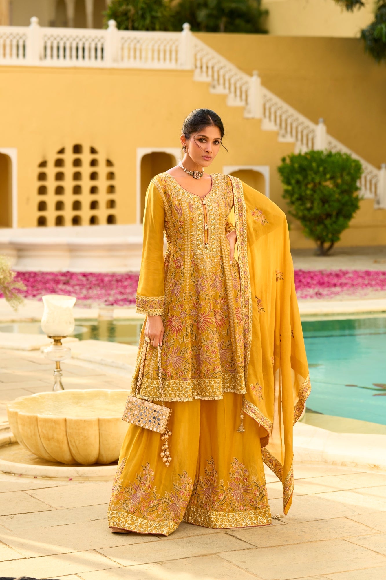 Pink Chiffon Embroidered Straight Kurta Sharara Set with Dupatta - Pac