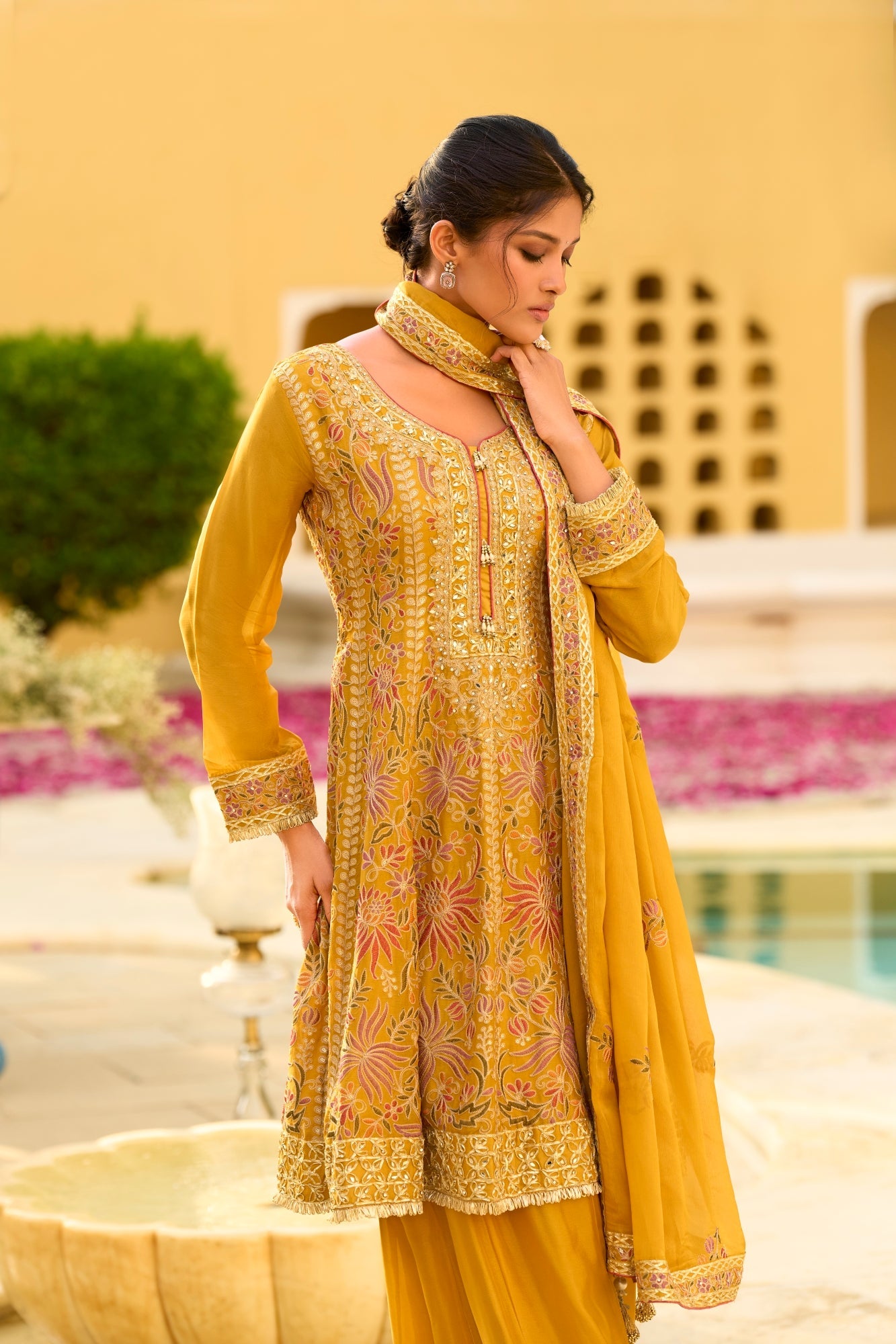 Pink Chiffon Embroidered Straight Kurta Sharara Set with Dupatta - Pac