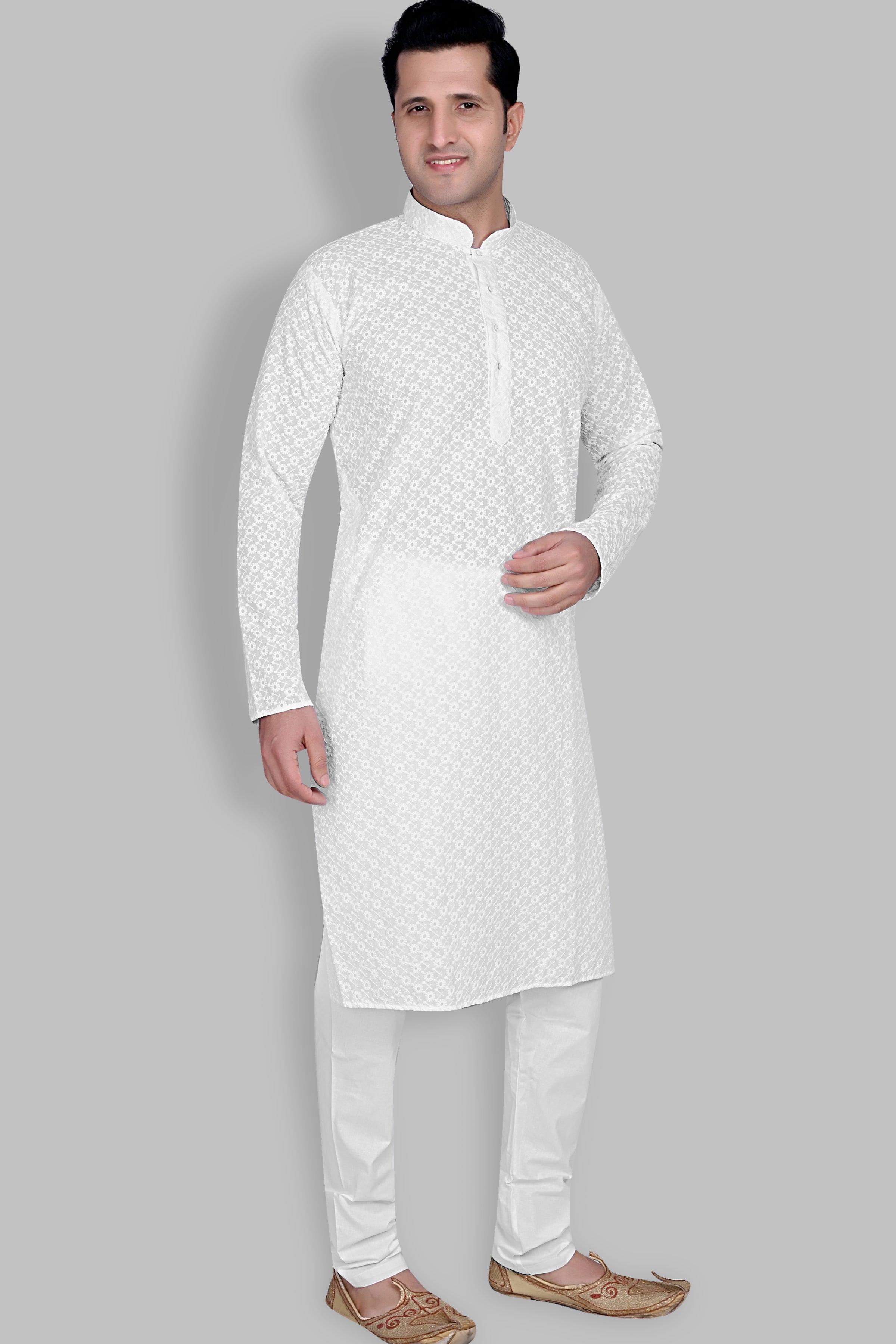 Cotton Kurta Pyjama Set for Men - White | KPPDCHTCIR | DesiQlo