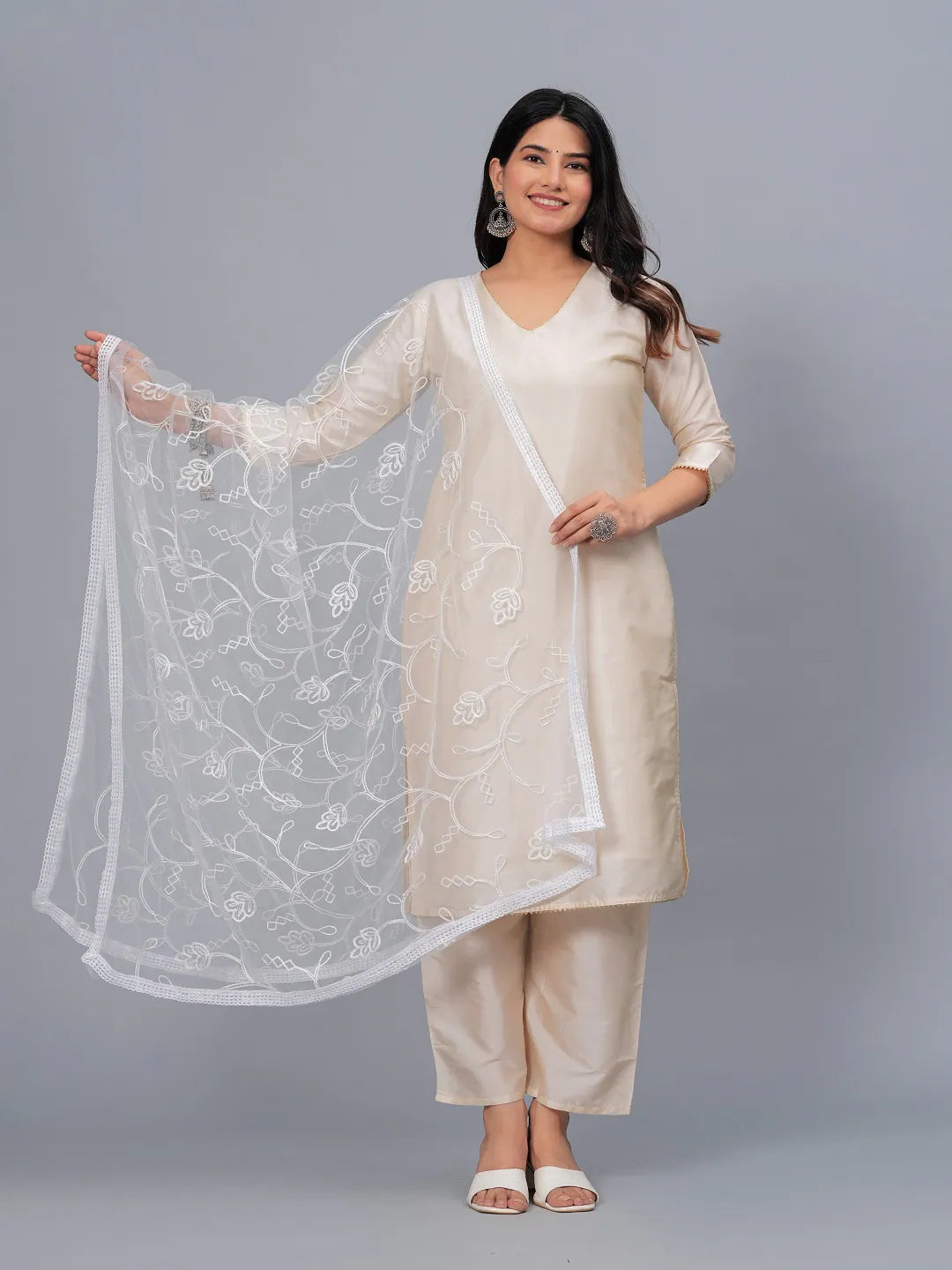 Women's Embroidered Net Drawer Dupatta-DUPNUVWHITE