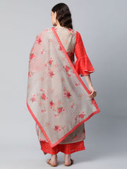 Red & Brown Chanderi Printed Kurta Palazzo Set-AHKUPZ-COMBO-460