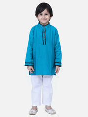 Cotton Flax Kurta Pajama Set for Kids - Teal | BH23KP41TLA