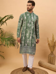 Ethnic Bay Men Green Viscose Rayon Batik Embroidered Straight Kurta With Pant Set-MKSET1500