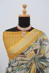 Linen Digital Print Yellow Saree With Unstiched Blouse Piece-MPHL-05-YELLOW