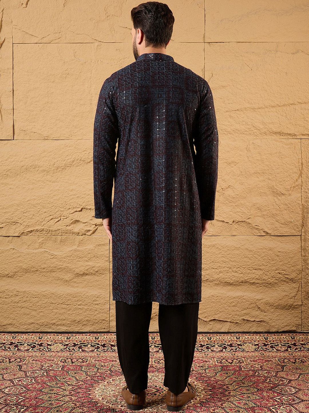 Ethnic Bay Mens Black Viscose Rayon Geometric Embroidered Chikankari Straight Kurta With Pant Set-MKSET1166