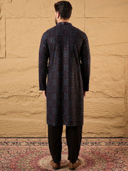 Ethnic Bay Mens Black Viscose Rayon Geometric Embroidered Chikankari Straight Kurta With Pant Set-MKSET1166