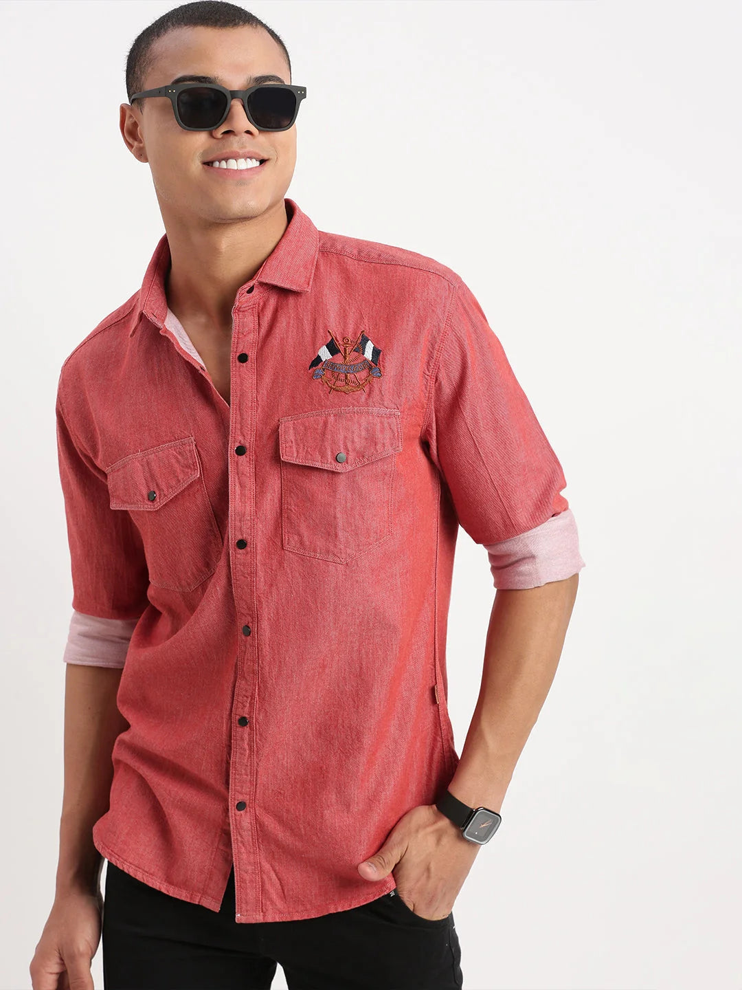 Solid Red Cotton Mens Shirt | Double Pocket Casual Shirt