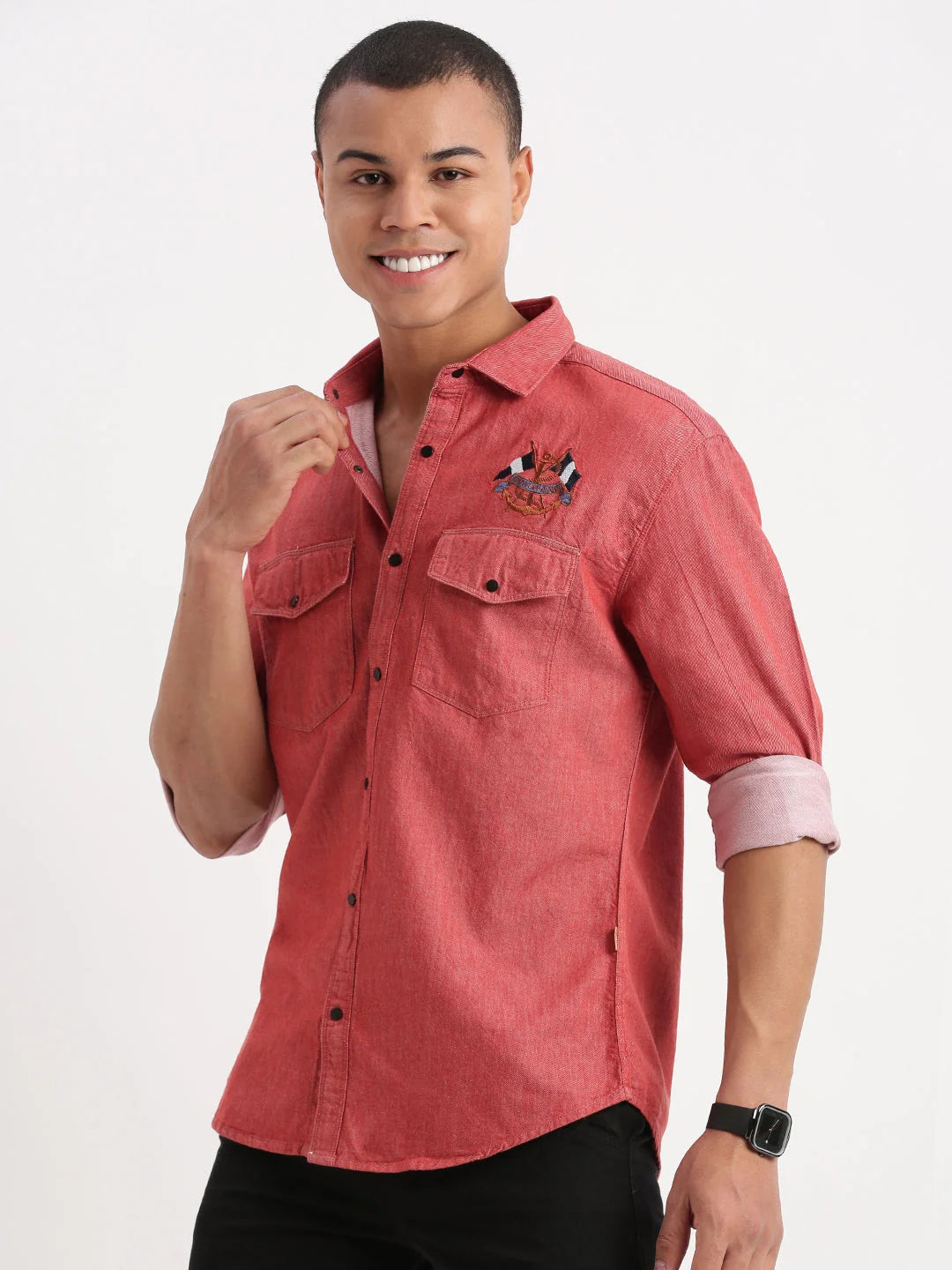 Solid Red Cotton Mens Shirt | Double Pocket Casual Shirt