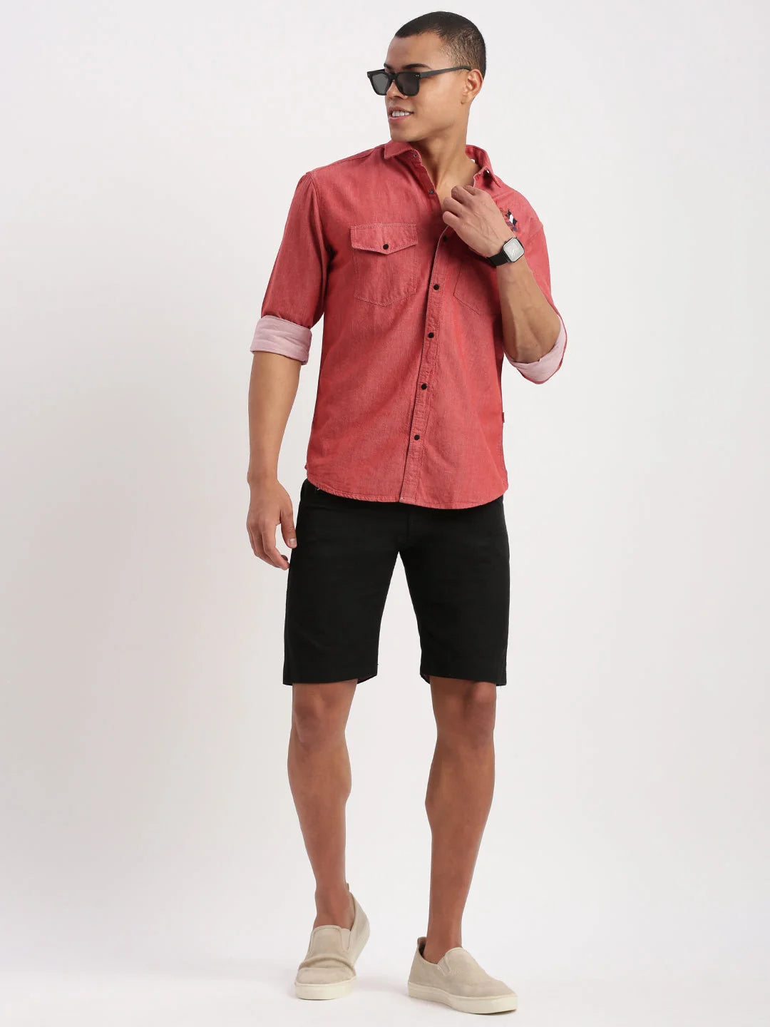 Solid Red Cotton Mens Shirt | Double Pocket Casual Shirt