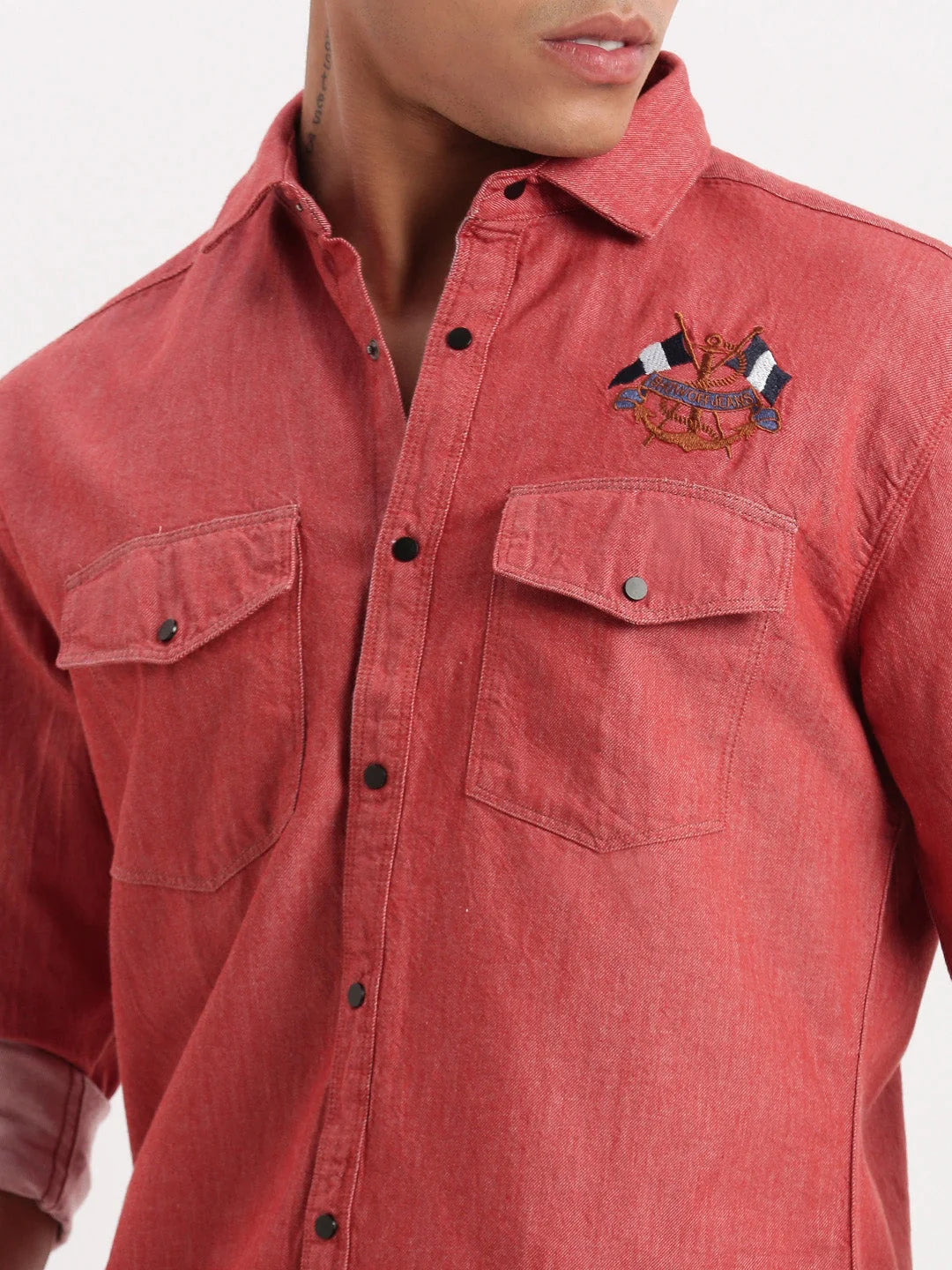 Solid Red Cotton Mens Shirt | Double Pocket Casual Shirt