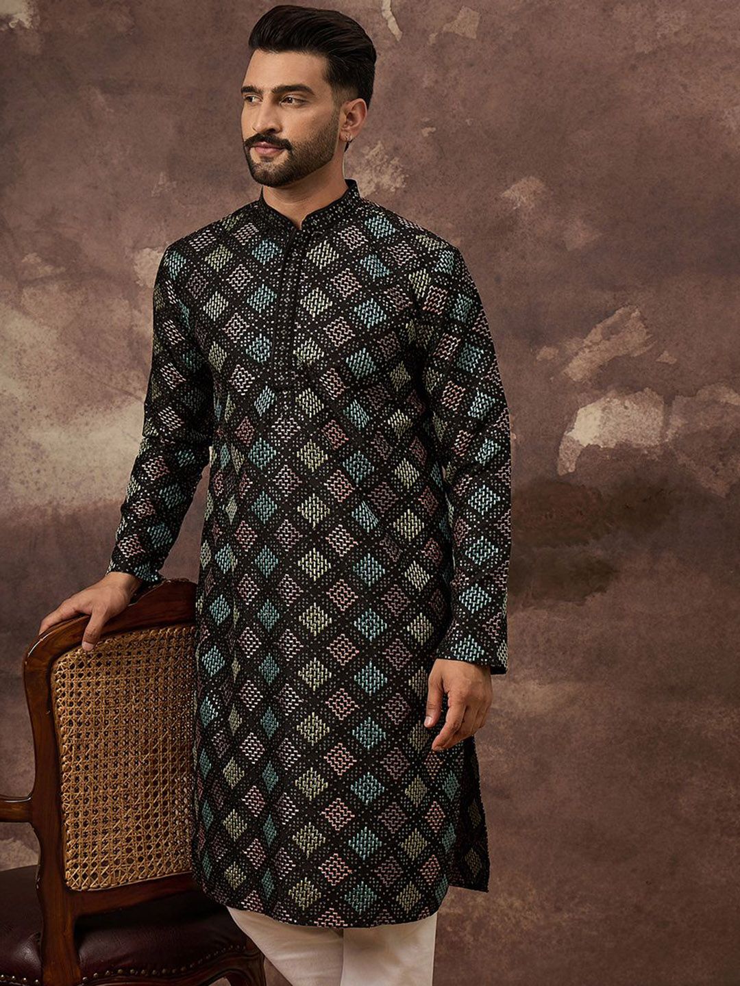 Ethnic Bay Men Black Silk Blend Solid Embroidered Straight Kurta With Pant Set-MKSET1384