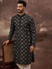 Ethnic Bay Men Black Silk Blend Solid Embroidered Straight Kurta With Pant Set-MKSET1384