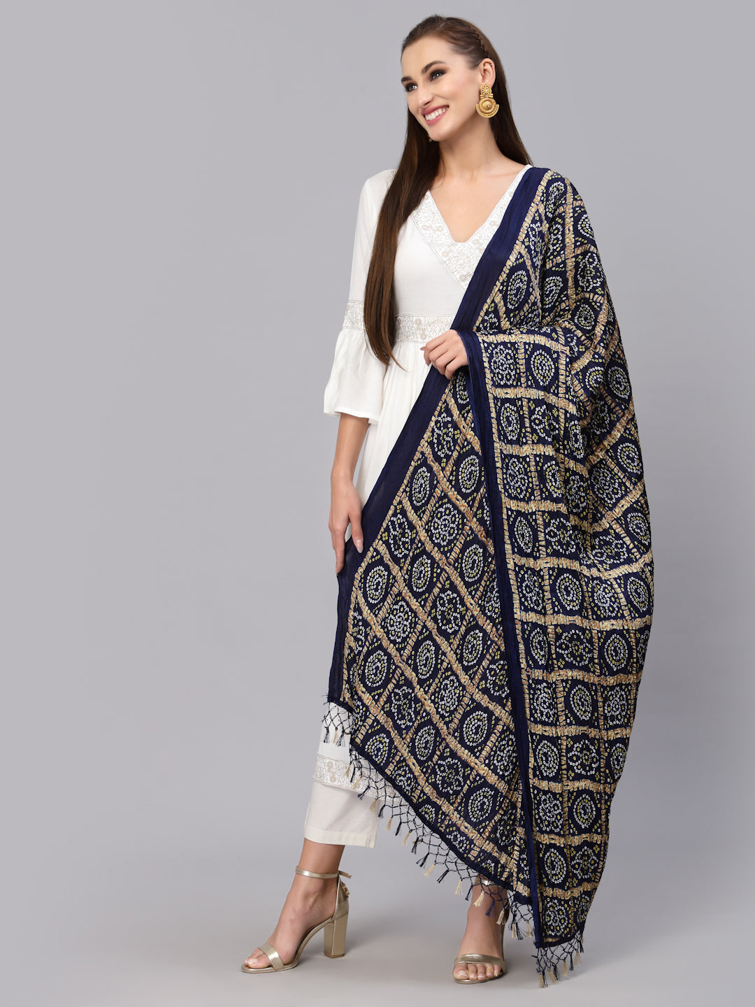 Women's Bandhani Print Silk Blend Dupatta (Dupchokblue) | DesiQlo