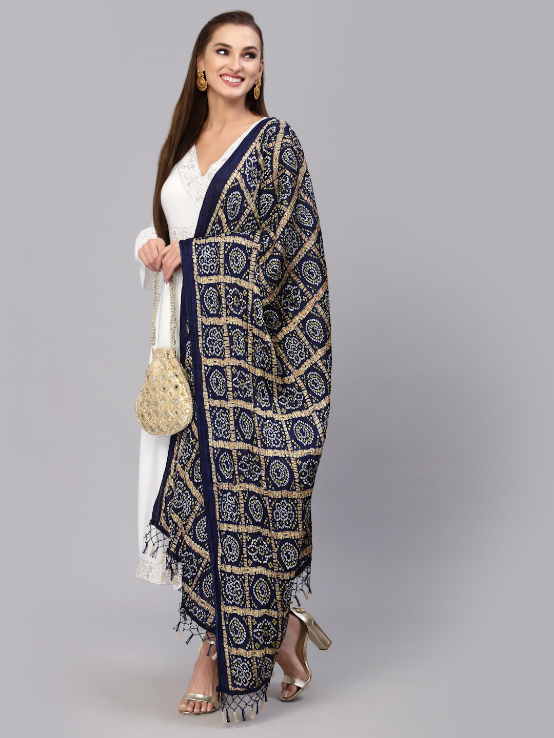 Women's Bandhani Print Silk Blend Dupatta (Dupchokblue) | DesiQlo
