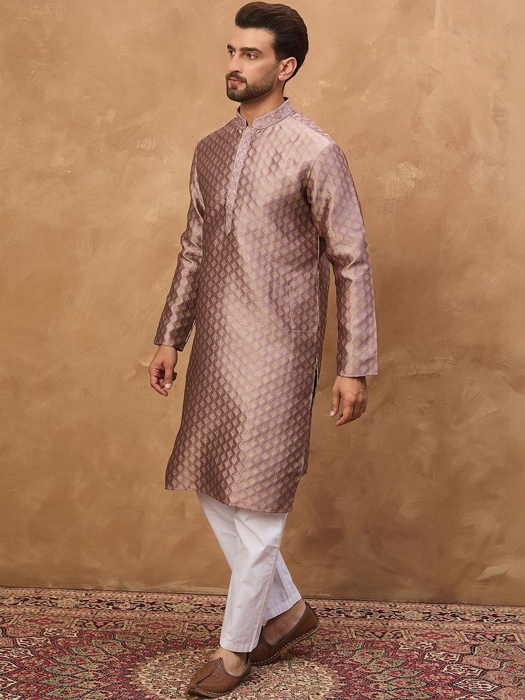 Ethnic Bay Men Mauve Silk Blend Solid Woven Design Straight Kurta With Pant Set-MKSET1458