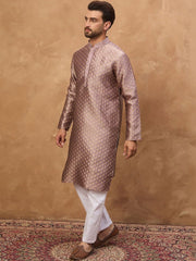 Ethnic Bay Men Mauve Silk Blend Solid Woven Design Straight Kurta With Pant Set-MKSET1458