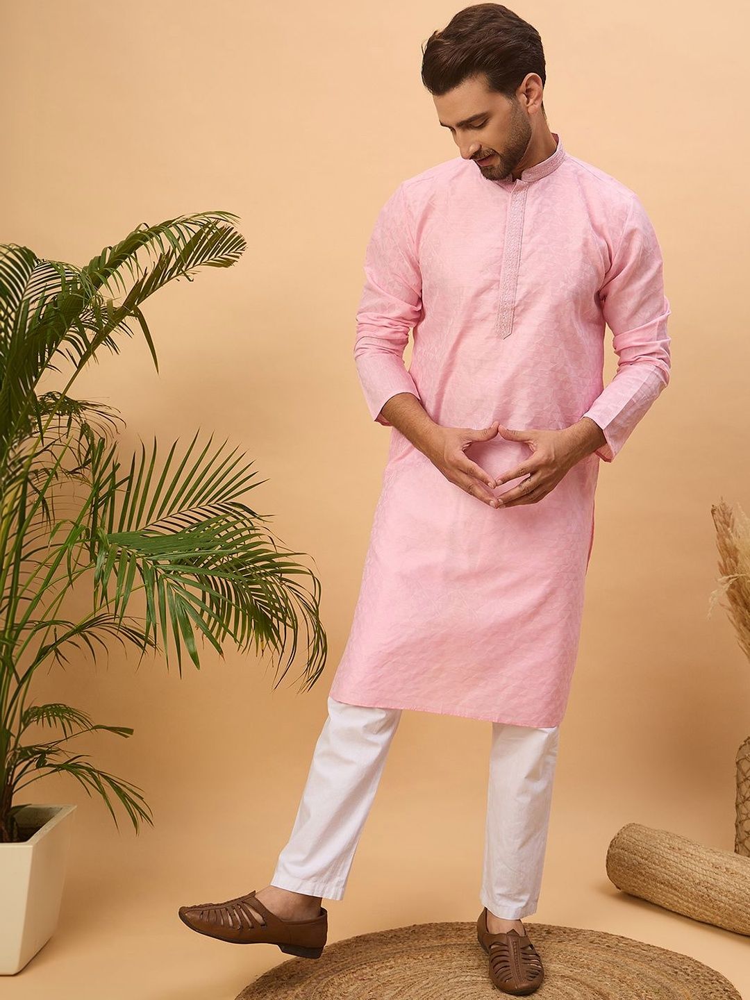 Ethnic Bay Men Pink Silk Blend Solid Embroidered Straight Kurta With Pant Set-MKSET1454