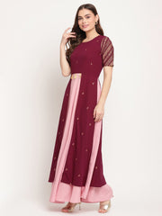 Wine Crepe Glitter Print Dress-AHDRCRGP-874
