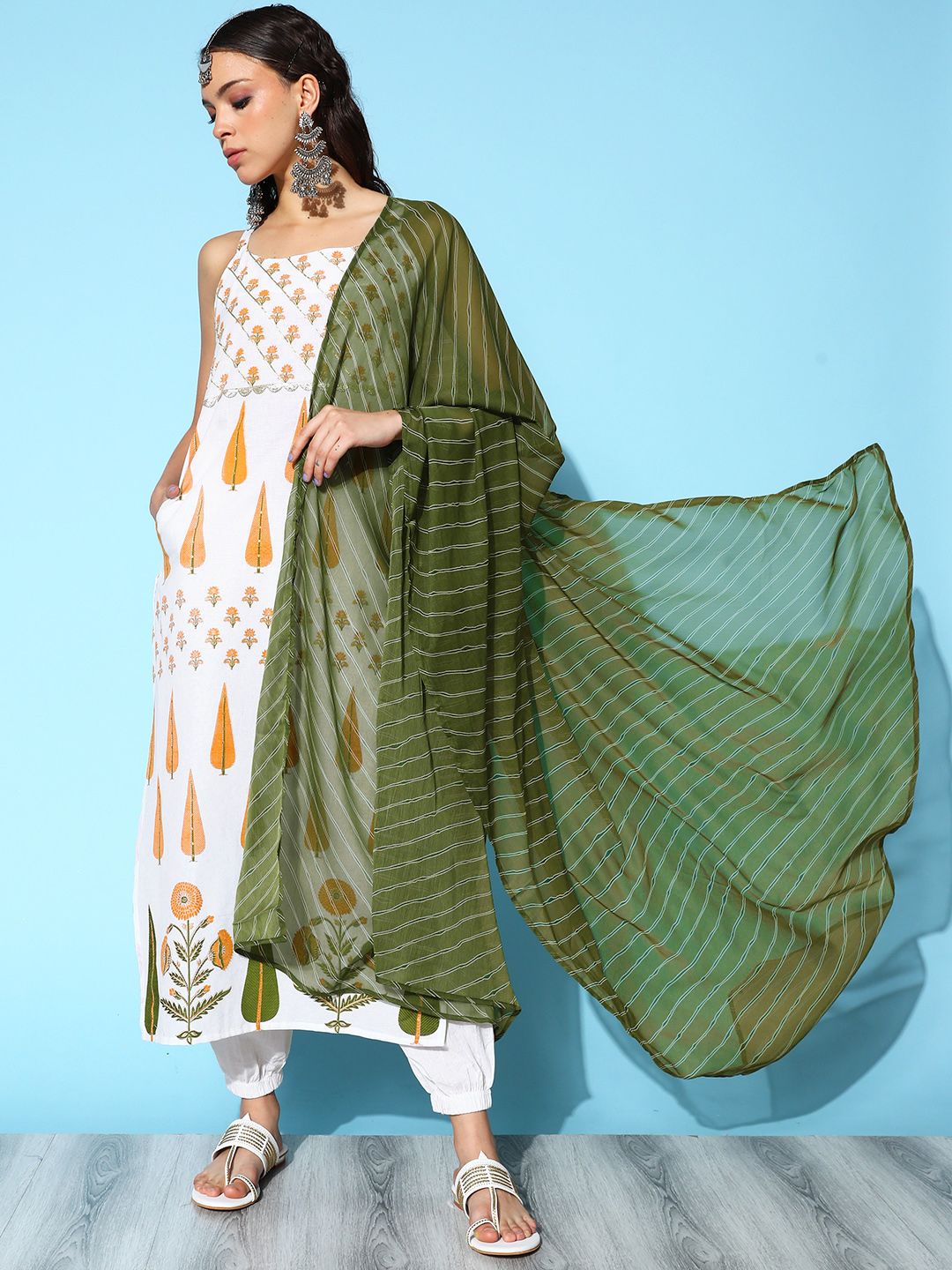 White Cotton Printed Kurta Pant Dupatta Set | Women's Kurta Sets