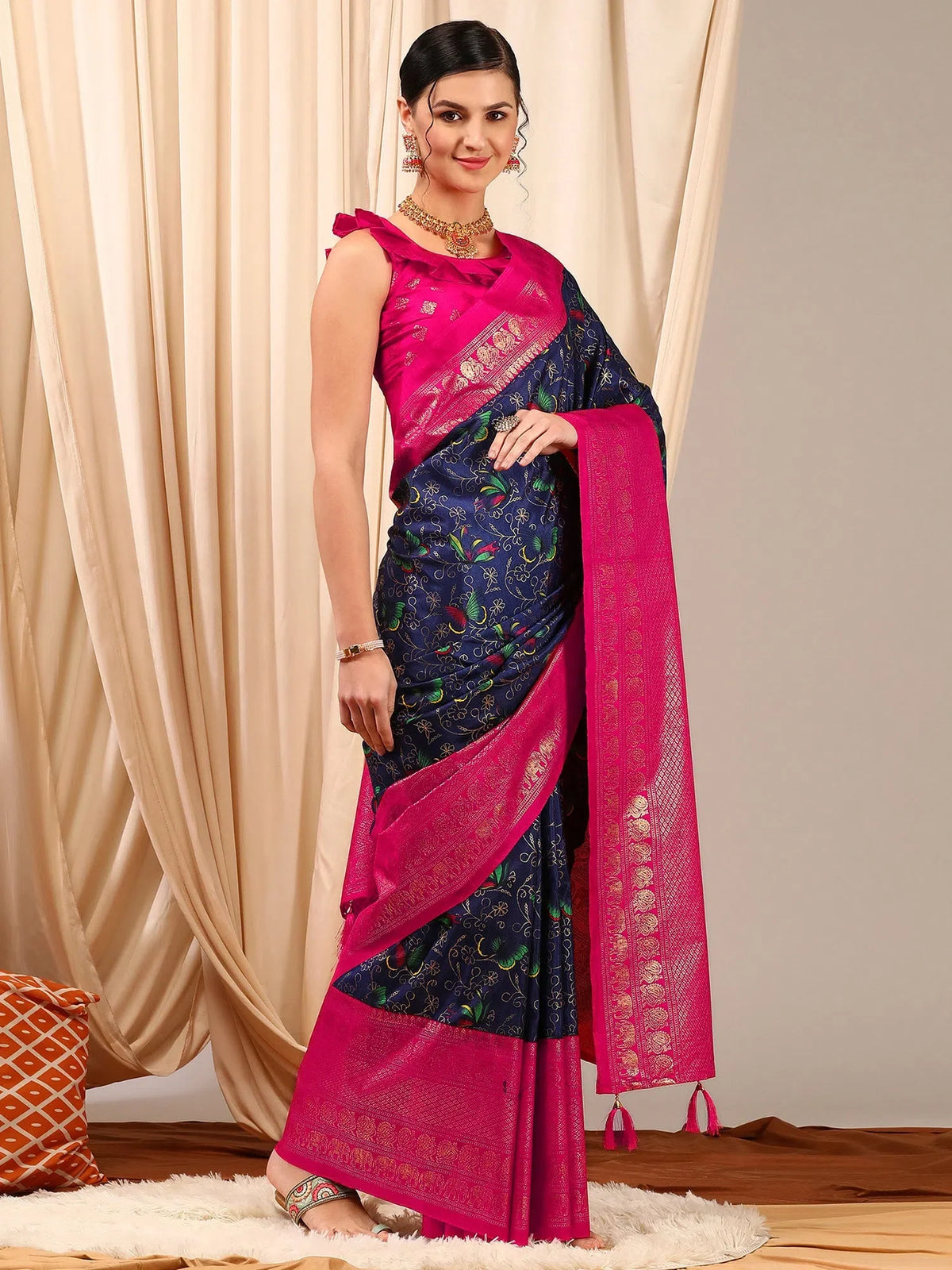 Women's Cotton Blend Navy Blue Printed Designer Saree With Blouse Piece-EAGLE01D