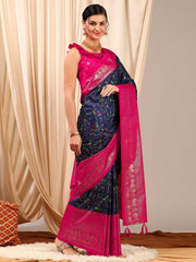 Women's Cotton Blend Navy Blue Printed Designer Saree With Blouse Piece-EAGLE01D