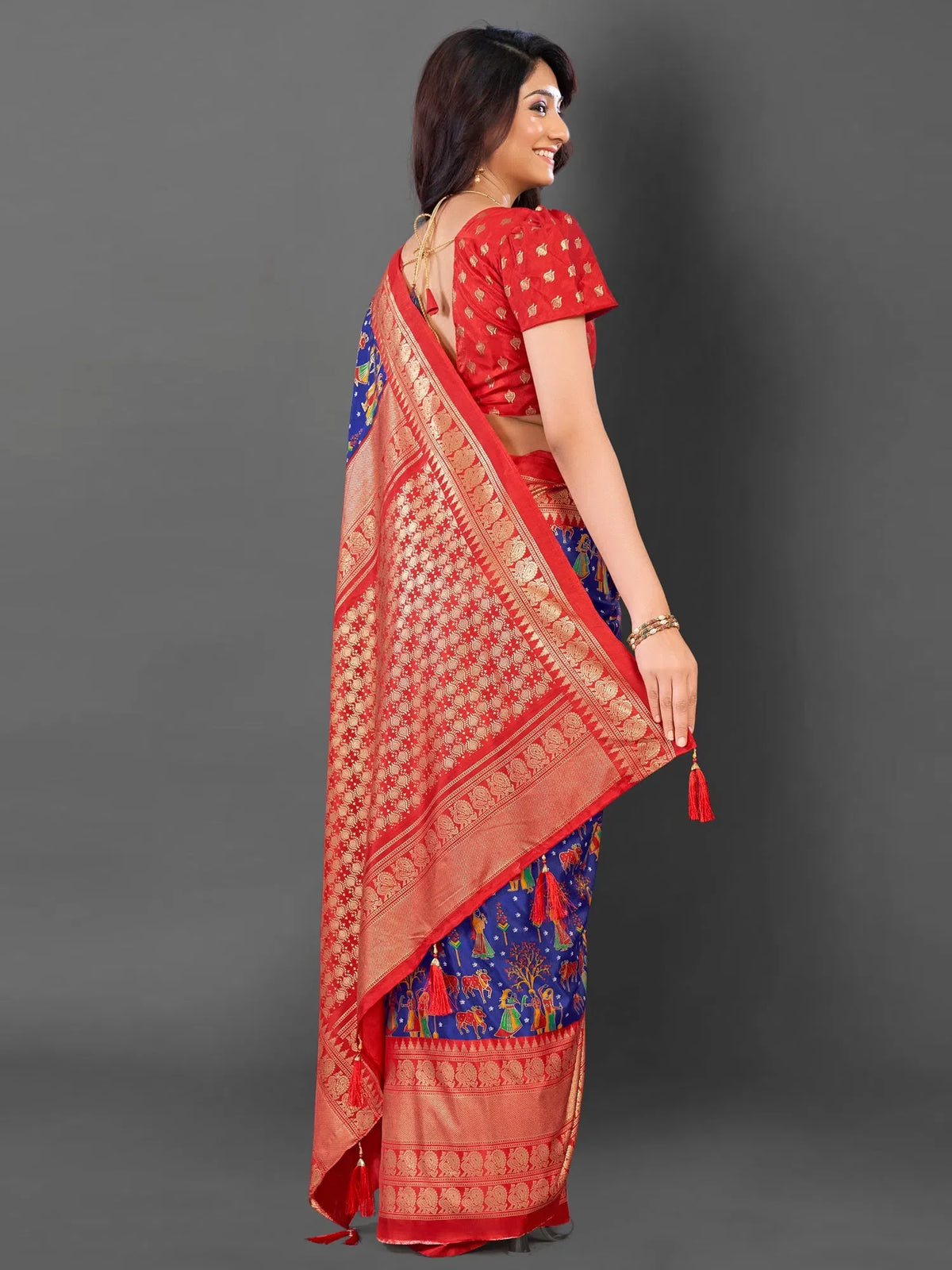 Women's Cotton Blend Blue Printed Designer Saree With Blouse Piece-EAGLE04D