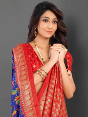 Women's Cotton Blend Blue Printed Designer Saree With Blouse Piece-EAGLE04D