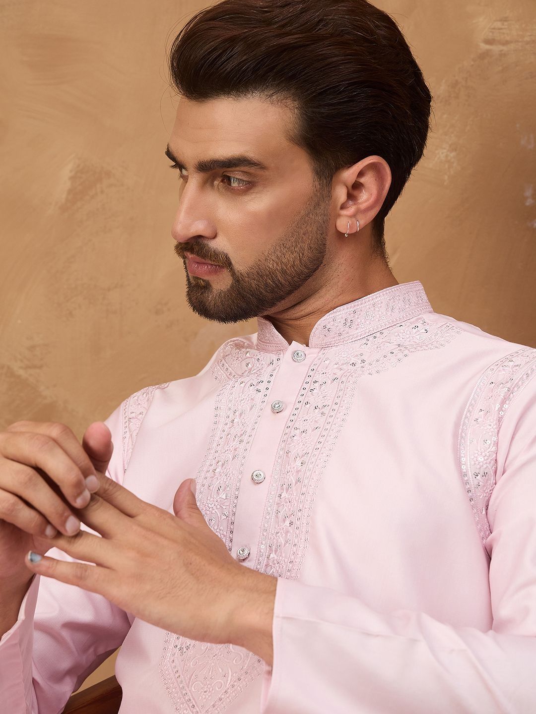 Ethnic Bay Men Pink Silk Blend Solid Embroidered Straight Kurta With Pant Set-MKSET1512