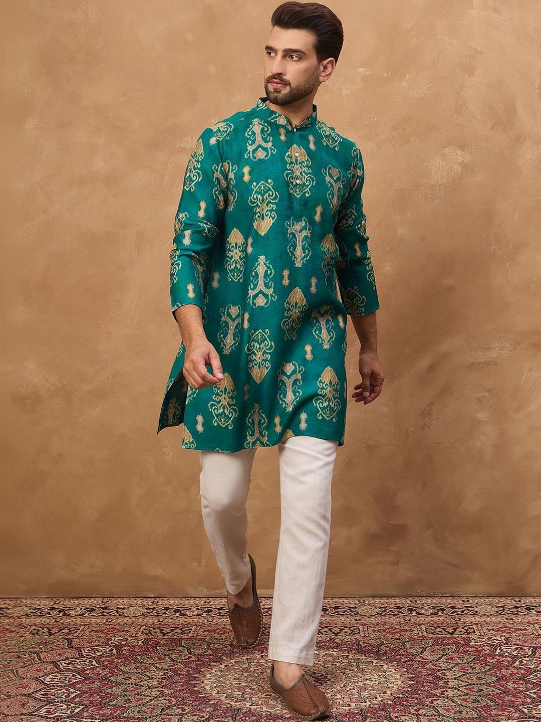 Ethnic Bay Men Blue Viscose Rayon Ikat Printed Straight Kurta With Pant Set-MKSET1546