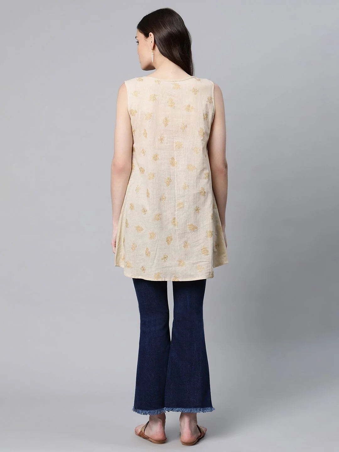 Floral Printed Beige Cotton Tunic Top - Indian Kurtis Online
