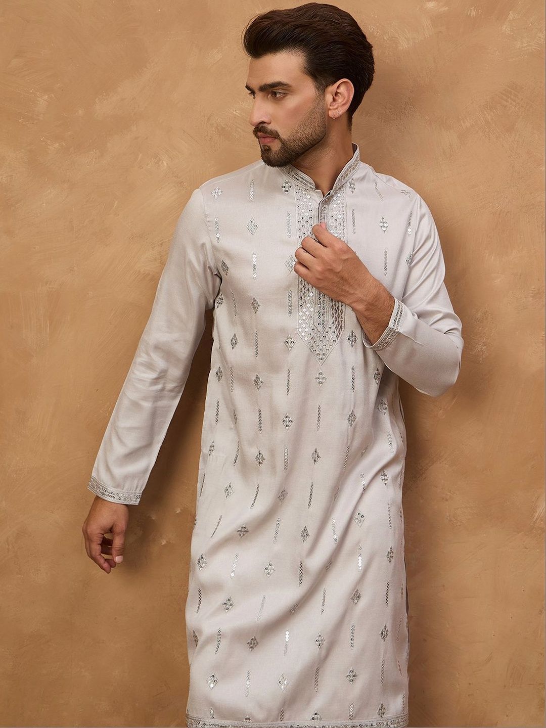 Ethnic Bay Men Grey Silk Blend Solid Embroidered Straight Kurta With Pant Set-MKSET1438