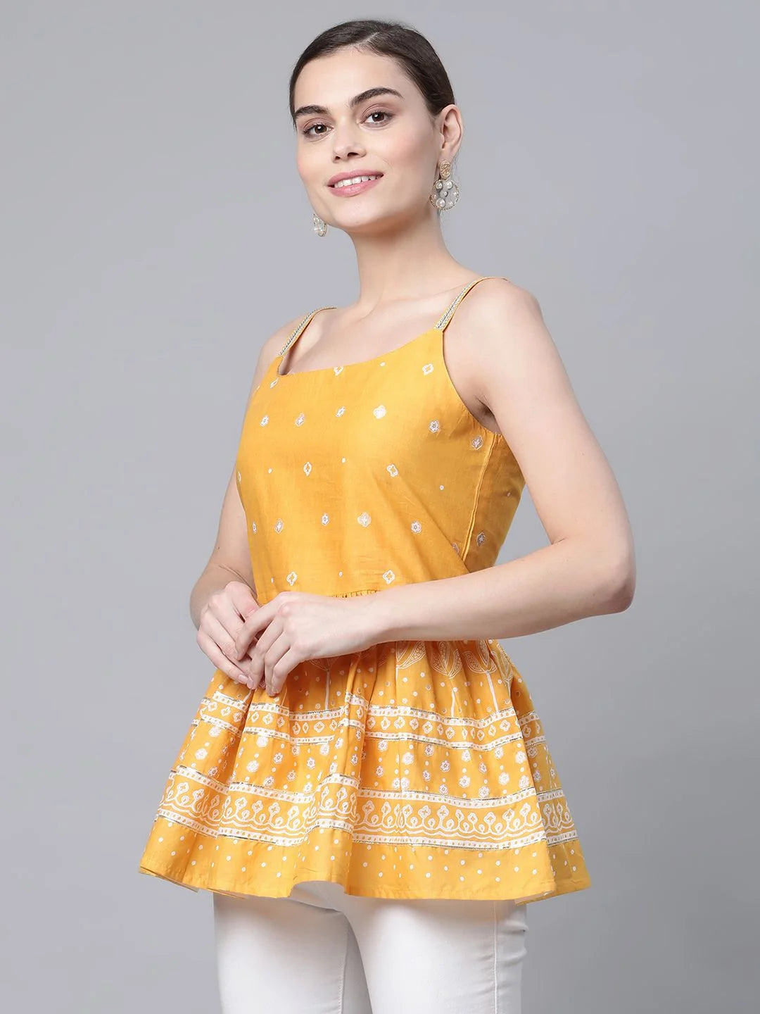 Mustard Cotton Printed Tunic Top - Indian Kurta for Women