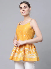 Mustard Pure Cotton Printed Shoulder Straps Tunic-AHTUCODCDS-8063