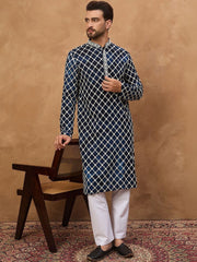 Ethnic Bay Men Blue Viscose Rayon Shibori Embroidered Straight Kurta With Pant Set-MKSET1414