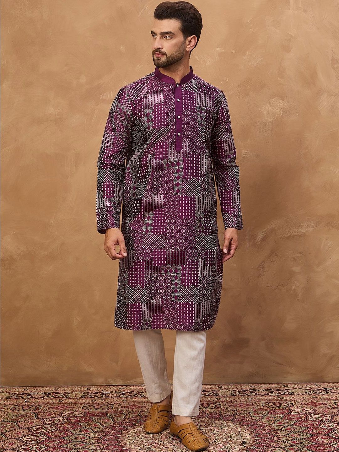 Ethnic Bay Men Purple Silk Blend Geometric Printed Straight Kurta With Pant Set-MKSET1529