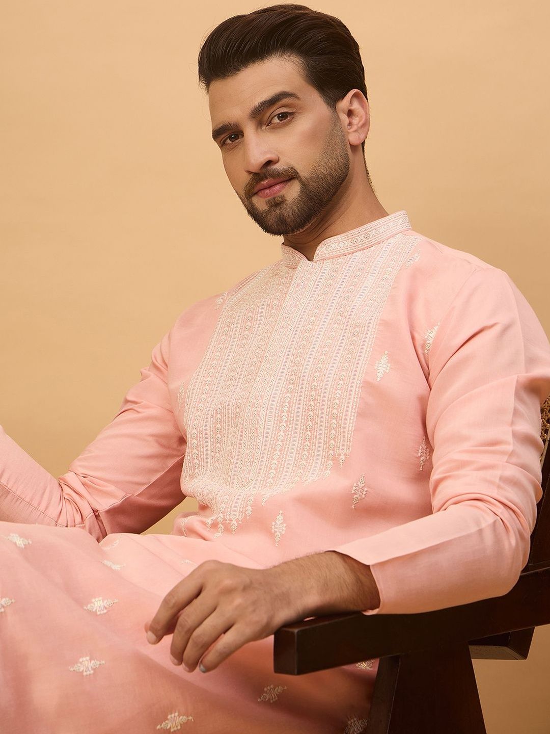 Ethnic Bay Men Peach Silk Blend Solid Embroidered Straight Kurta With Pant Set-MKSET1510