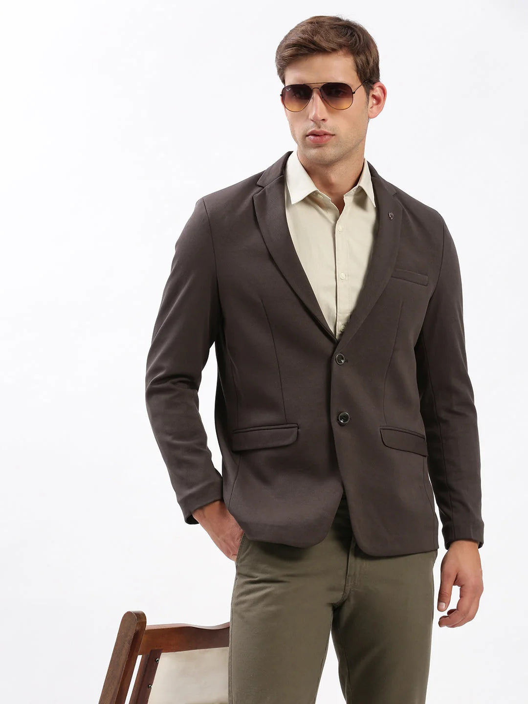 Men Notched Lapel Solid Brown Blazer-EX-3003A-Brown