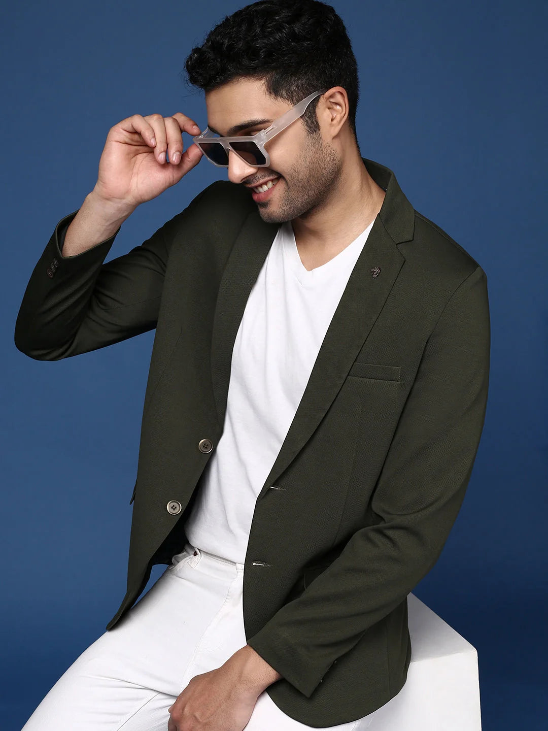 Green Slim Fit Blazer - Men's Nehru Collar Jacket | DesiQlo