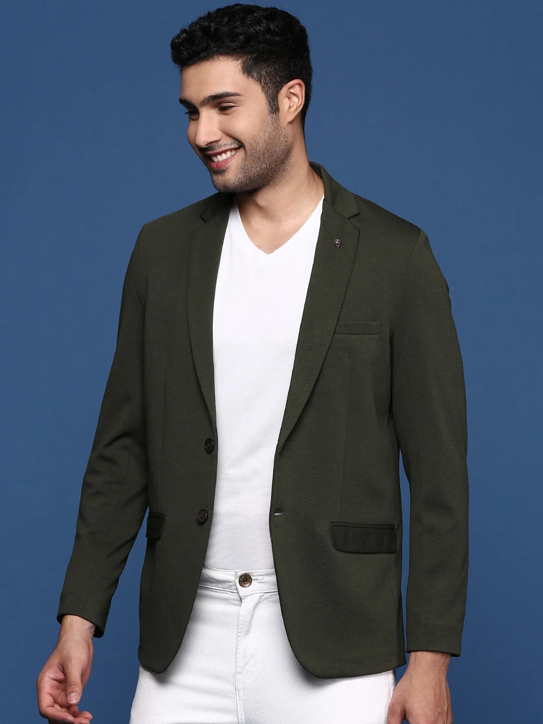 Green Slim Fit Blazer - Men's Nehru Collar Jacket | DesiQlo