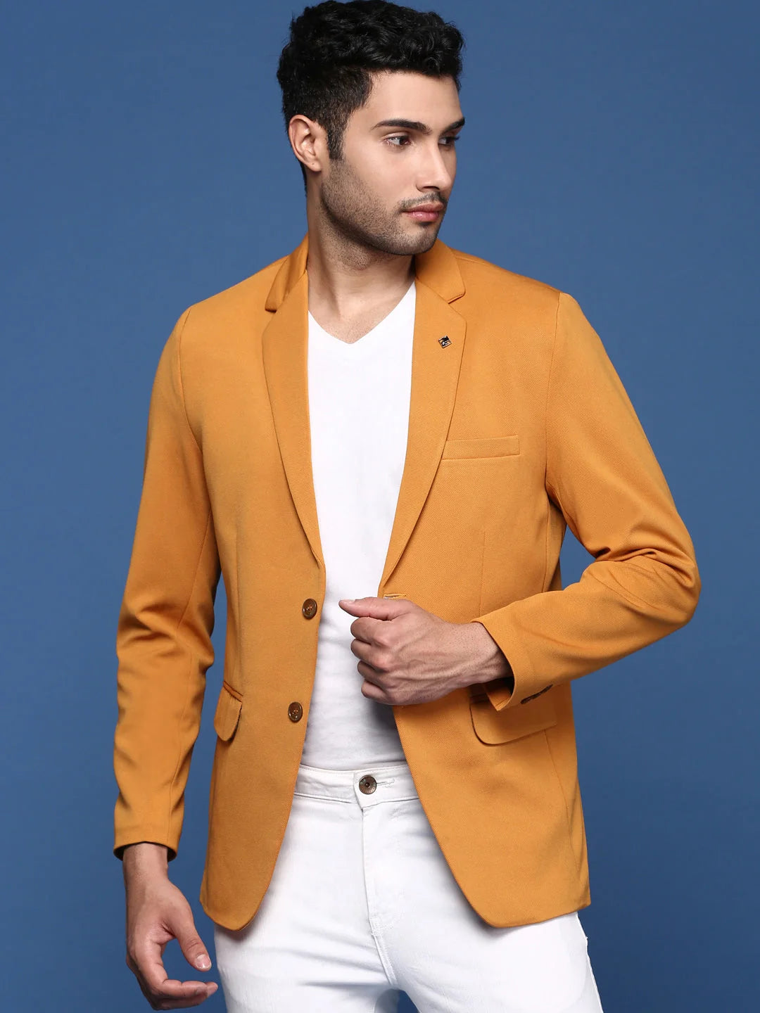 Mustard Slim Fit Blazer - Nehru Collar Style | DesiQlo