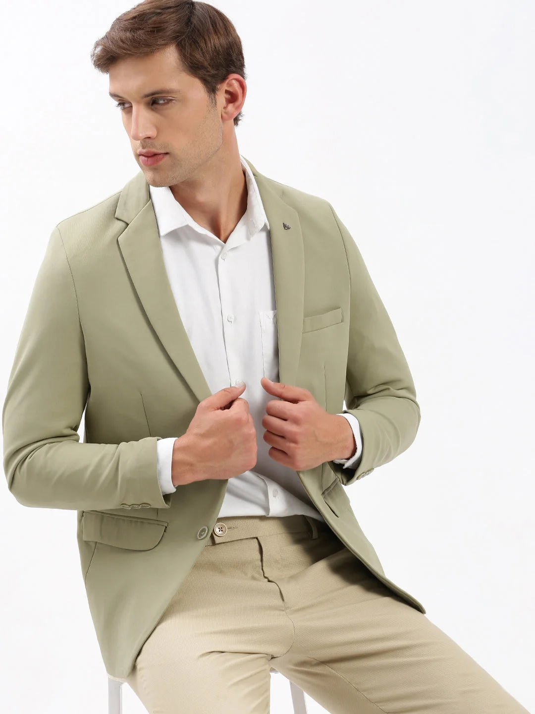 Men Notched Lapel Solid Khaki Blazer-EX-3011-Khaki