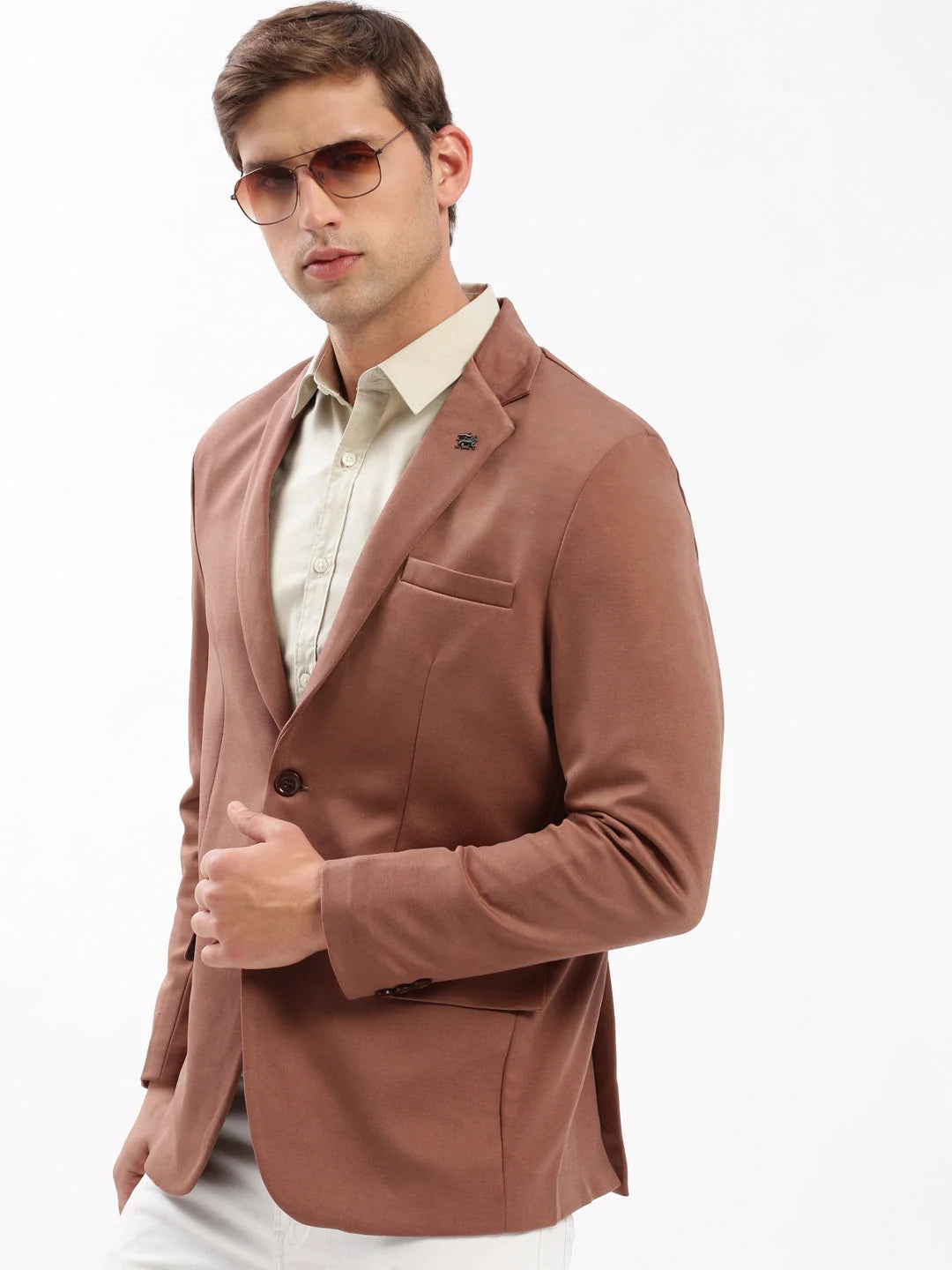Men Notched Lapel Solid Brown Blazer-EX-3012-Brown