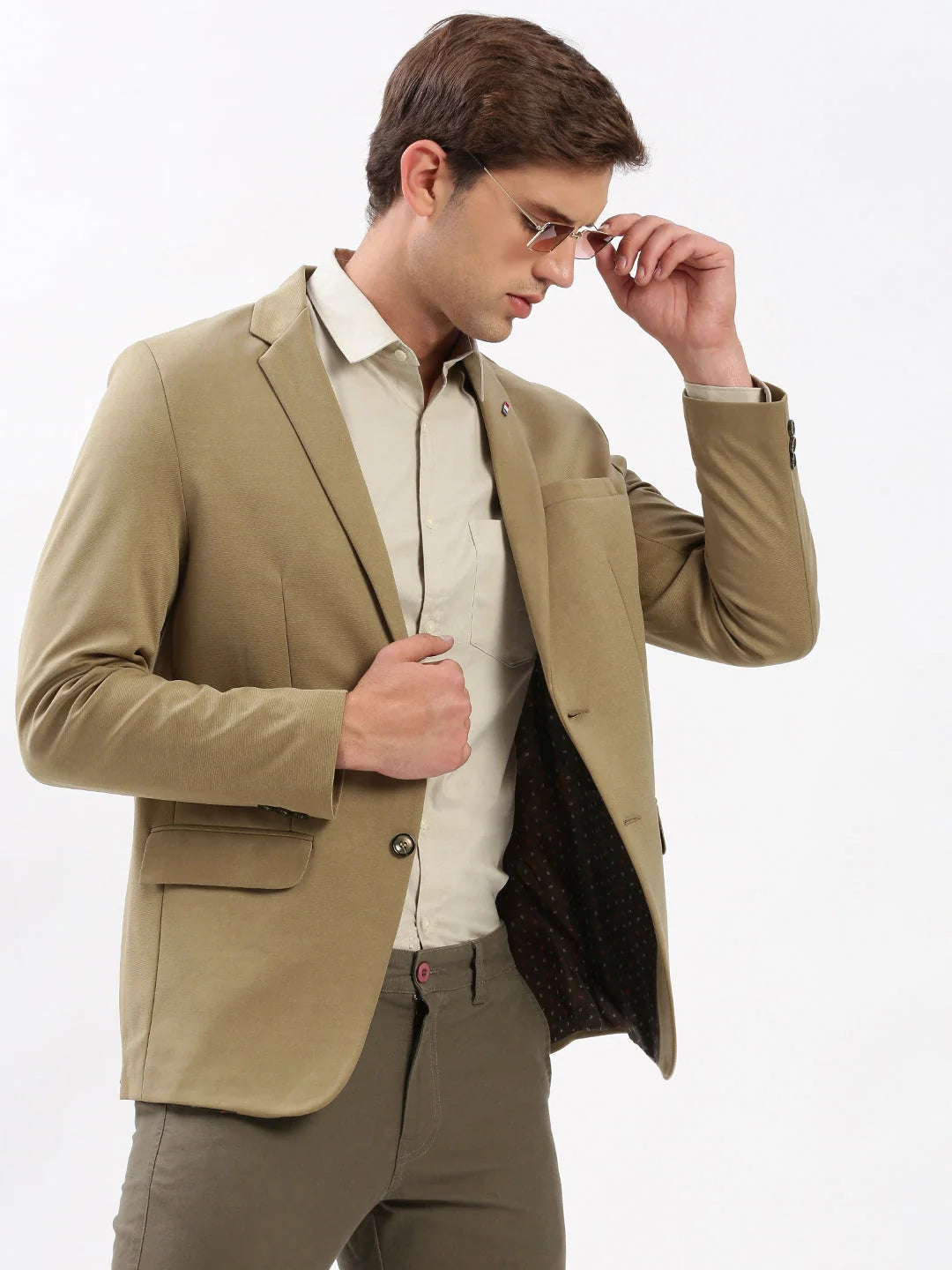 Men Notched Lapel Solid Khaki Blazer-EX-3012-Khaki