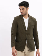 Men Solid Olive Single Breasted Blazer-EX-3019-Olive