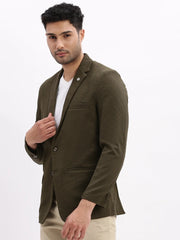 Men Solid Olive Single Breasted Blazer-EX-3019-Olive