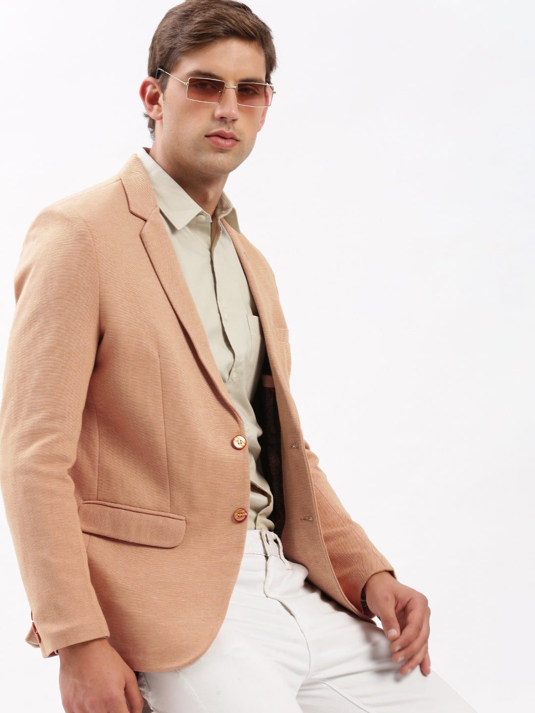 Men Notched Lapel Solid Peach Blazer-EX-3021-Peach