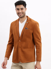 Men Solid Camel Brown Single Breasted Blazer-EX-Metty-Camelbrown